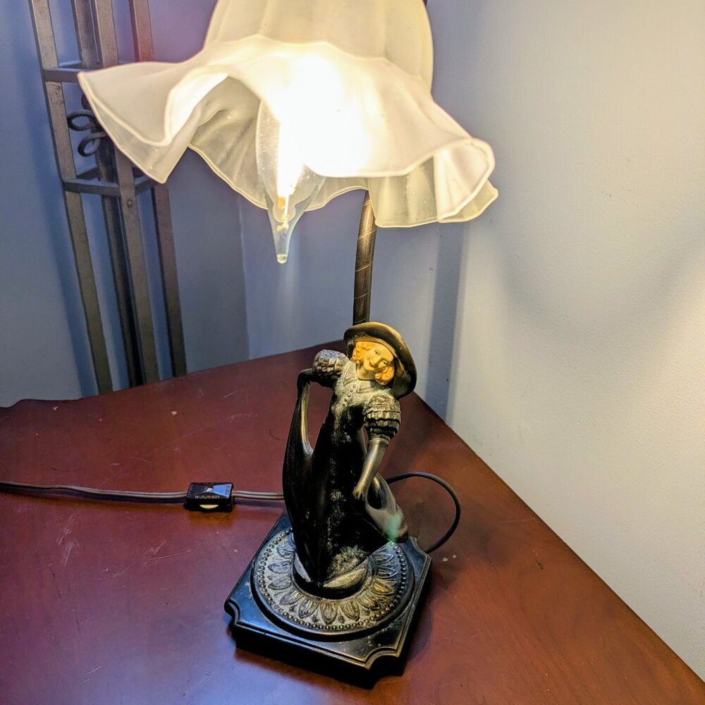 Gilbert Lamp with Woman in Flowing Dress frosted glass shade Art Deco Boudoir